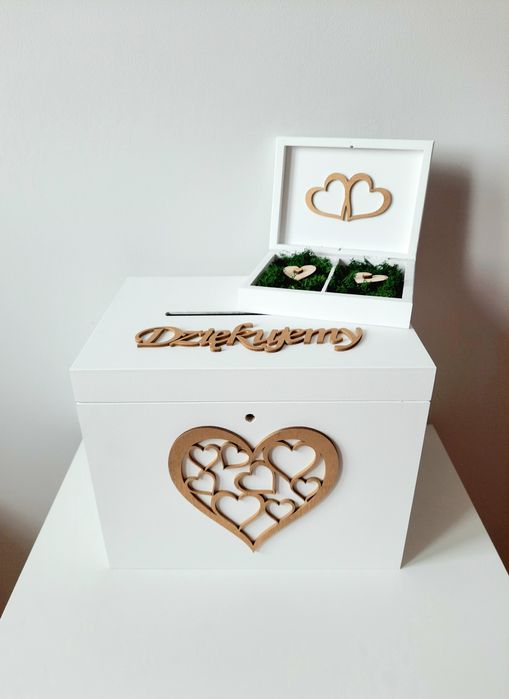 Skrzynka na koperty Białe pudełko na obrączki ślub wesele złoty napis