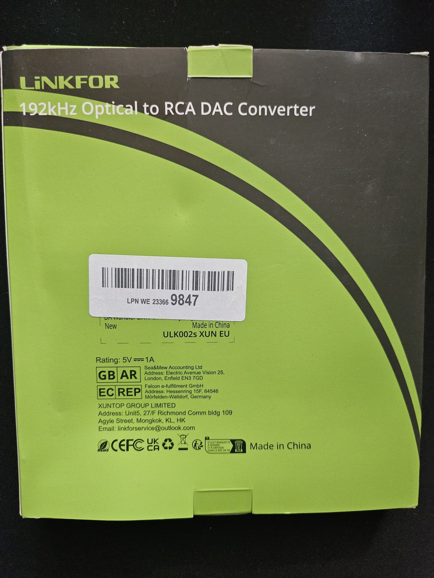 Konwerter LINKFOR DAC optyczny na RCA 192kHz