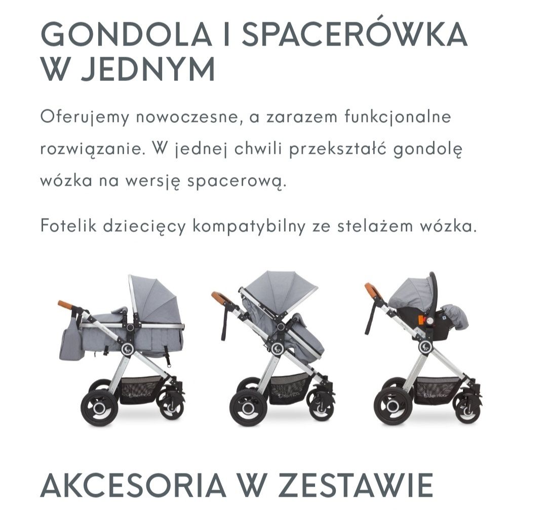 Szary srebrny wózek 3w1 gondola spacerówka nosidełko