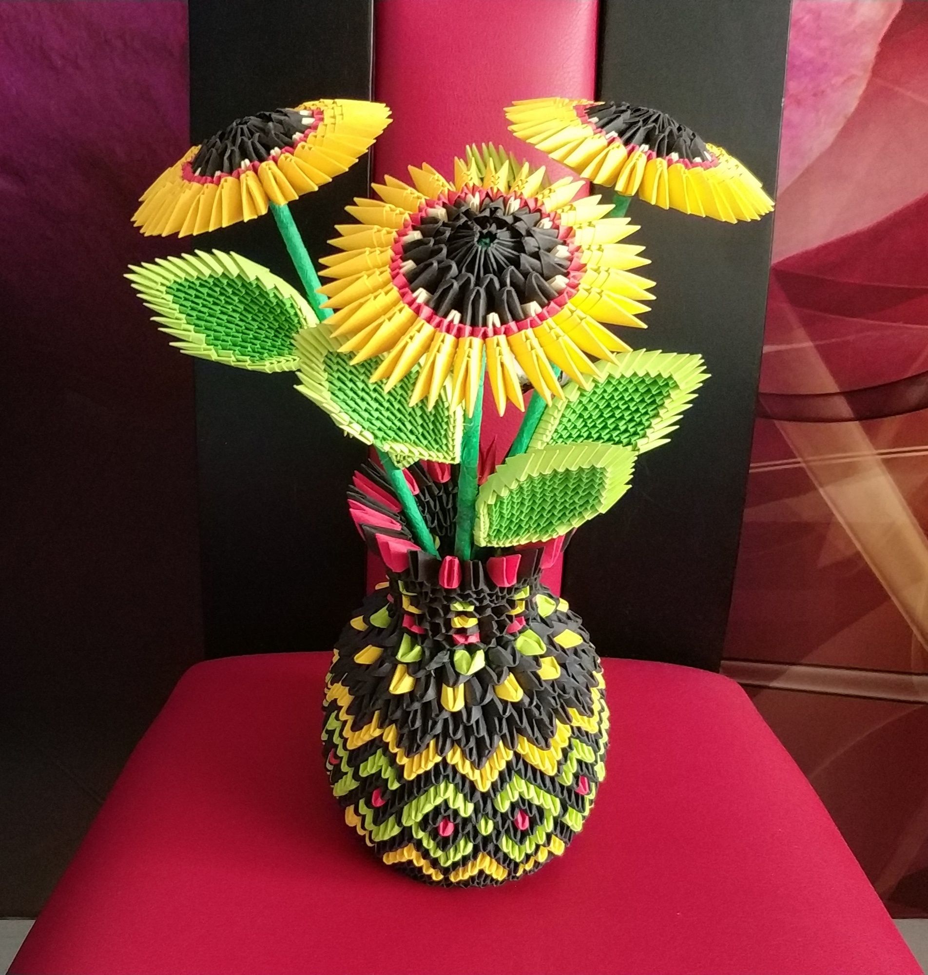 Kwiaty Słoneczniki z wazonem origami modułowe 3d