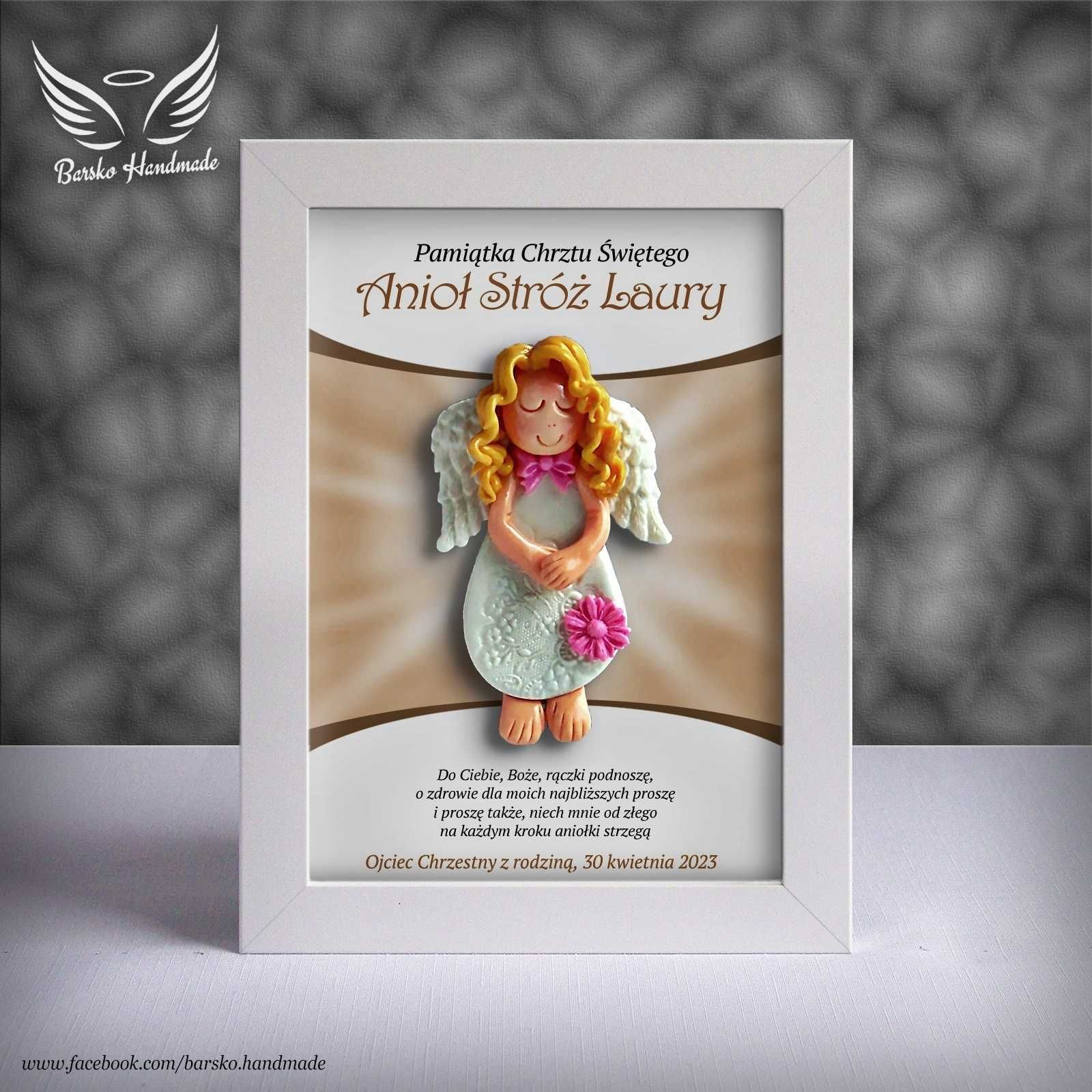 Anioł Stróż z porcelany w ramce 15x21 jako Pamiątka Chrztu Świętego
