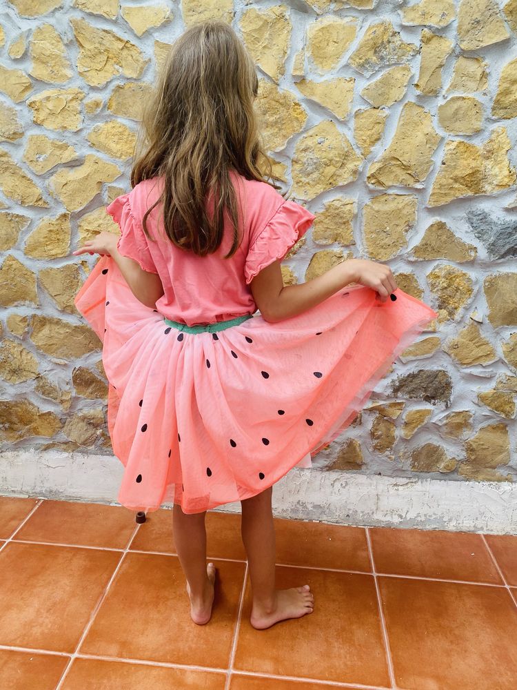 Saia H&M infantil 6-8 anos – Rosa-melancia com tule