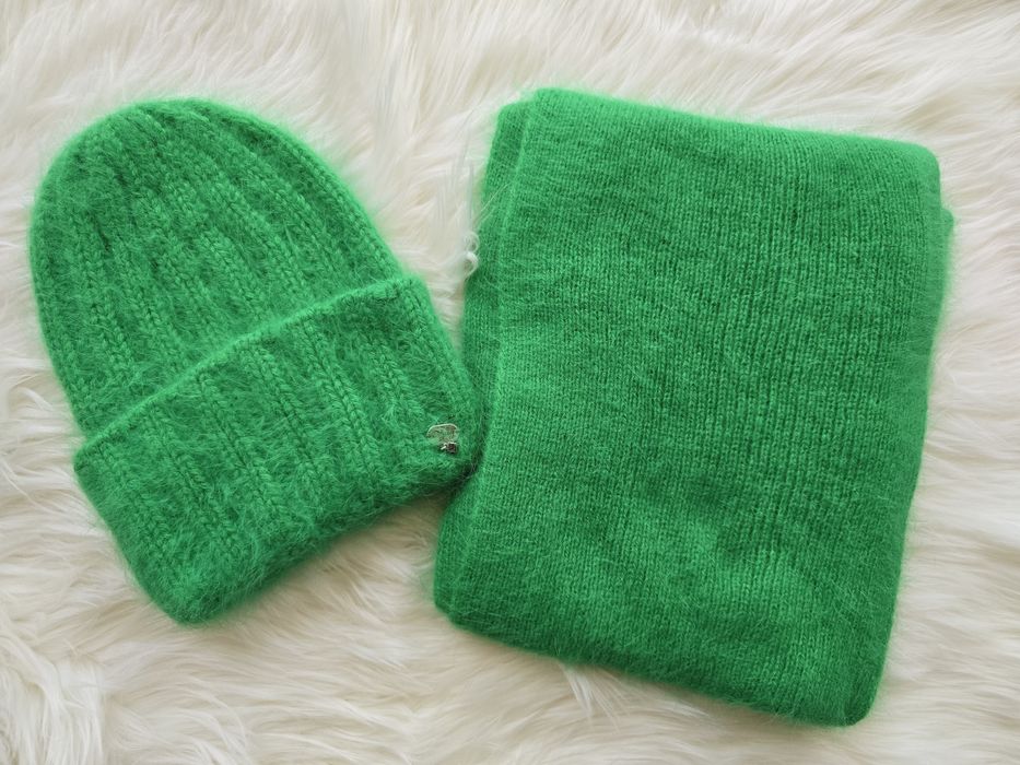 Komplet Angora 2 częściowy : Czapka + szal Zielony