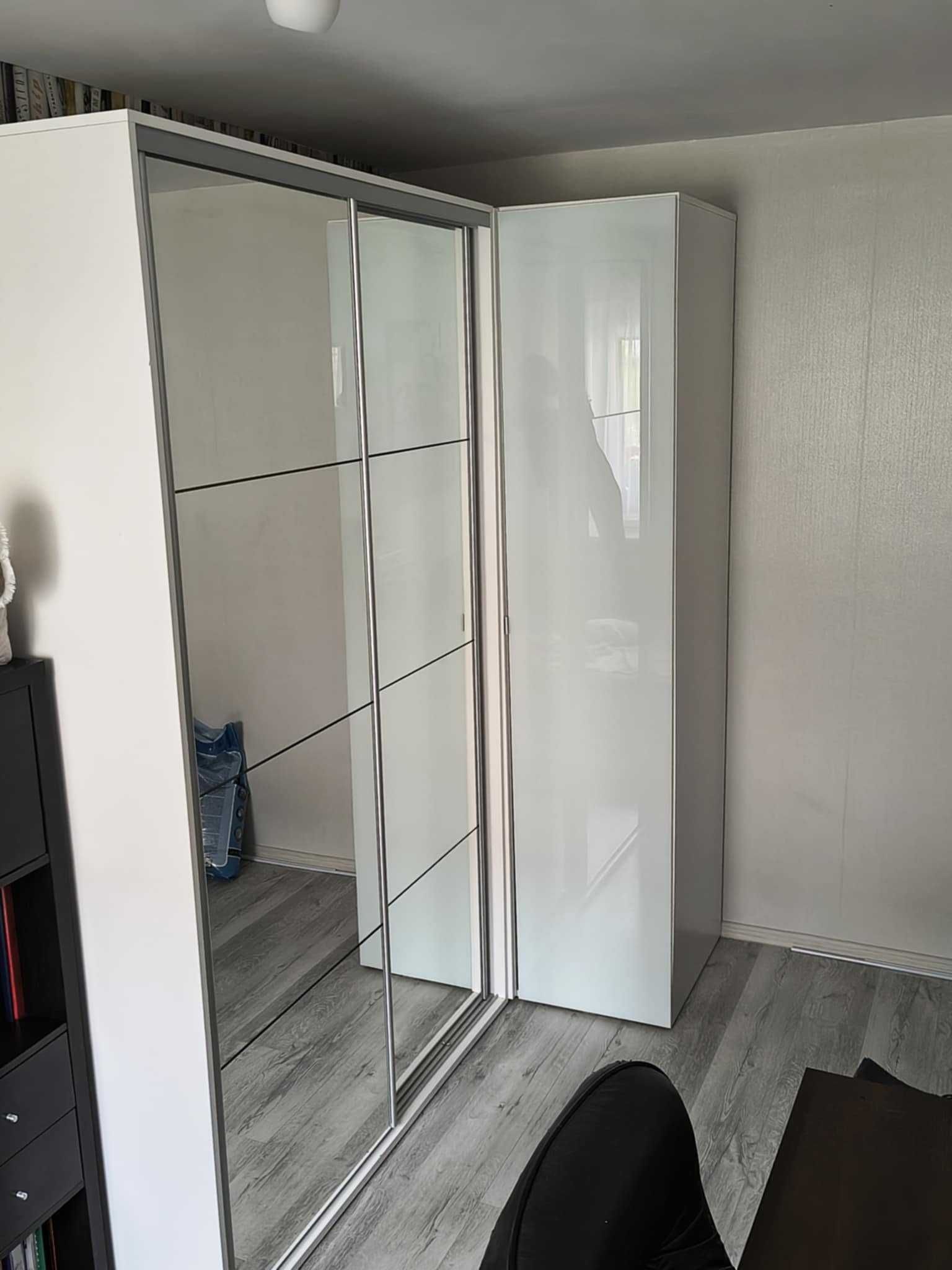 Szafa modułowa Flex 220x116 cm narożna z lustrem biały połysk STAN BDB