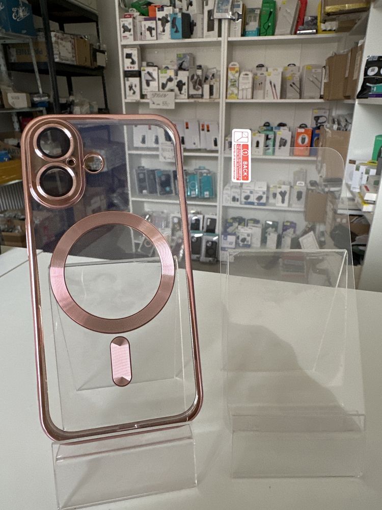 Szkło hartowane + etui różowe MagSafe do Iphone 16