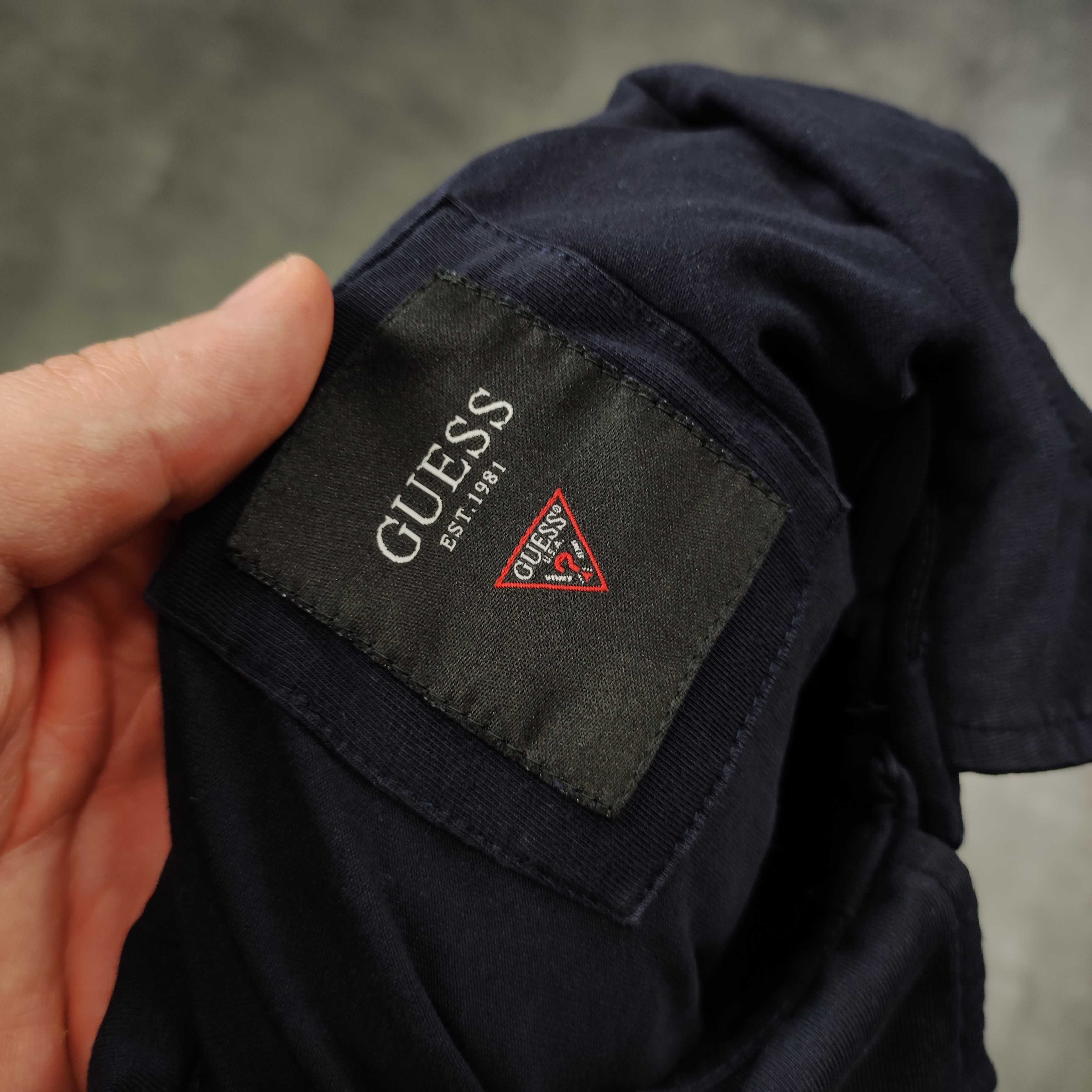 MĘSKA Elegancka Koszulka POLO Długi Rękaw Kołnierzyk Granat Guess USA