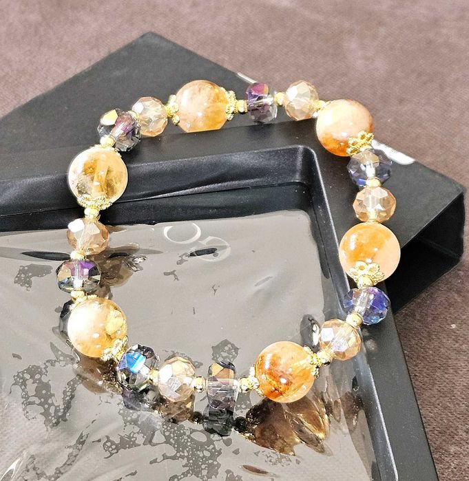 Pulseira de Citrino Natural e Grãos de Cristal Austríaco