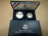 Estojo 1 992 Columbus Quincentenário 2 moedas Proof com dólar de prata