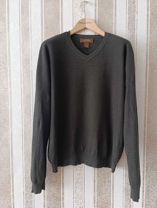 Sweter w serek khaki Tasso Elba jedwab kaszmir damski męski uniseks