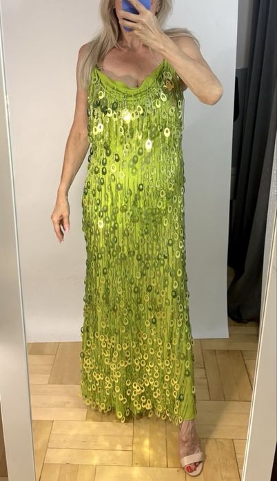 Obłędna limonkowa suknia ASOS zdobiona frędzlami i cekinami OUTLET