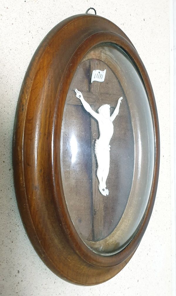 Precioso antigo registo / crucifixo esculpido emoldurado vidro curvado