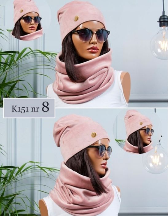 Czapka komin zestawy  welur pudrowy róż