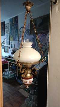 Antyk stara wisząca lampa mosiądz porcelana