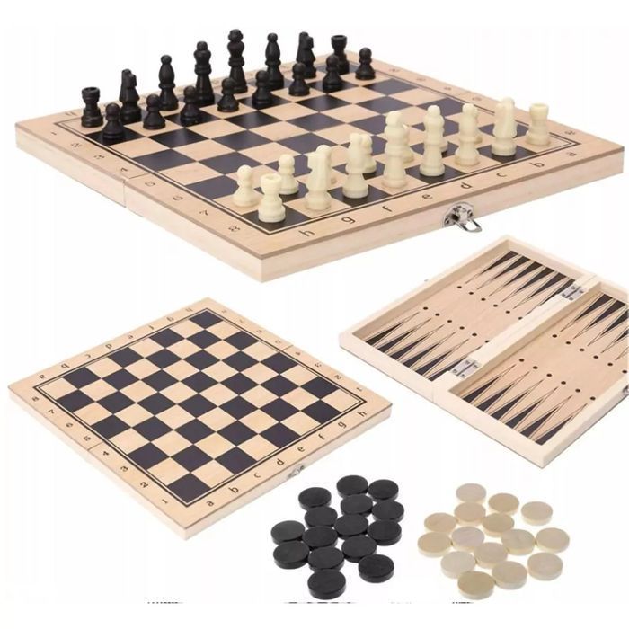 szachy warcaby tryktrak drewniane zestaw 3w1 29x29 cm
