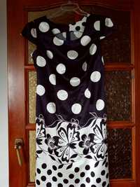 Sukienka prosta 42 grochy bialo czarne satyna