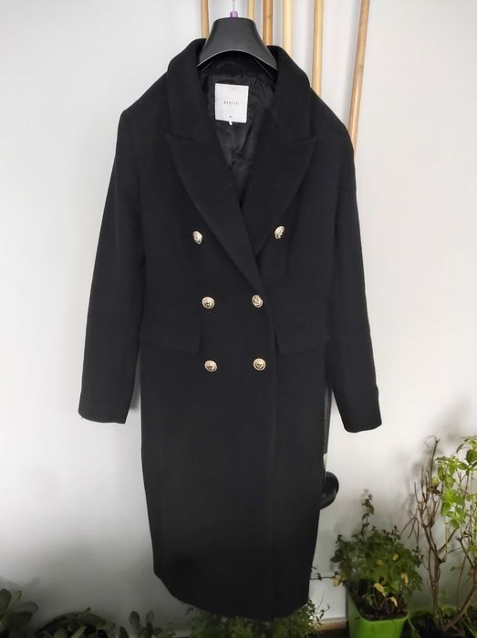 Mohito elegancki płaszcz welna owcza ozdobne guziki złote XS s