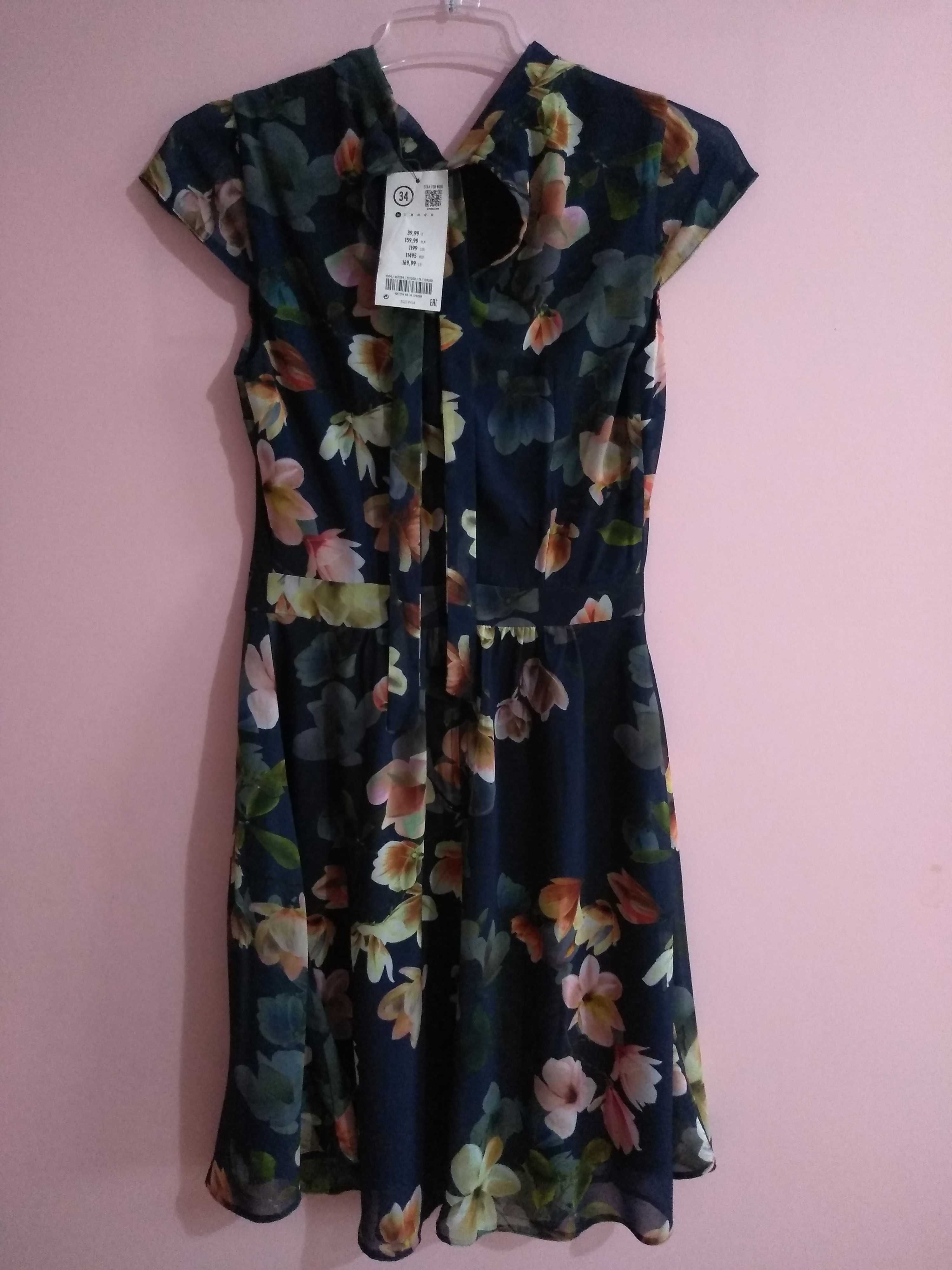 Nowa piękna sukienka na lato, granatowa w kwiaty, Orsay, 34, s