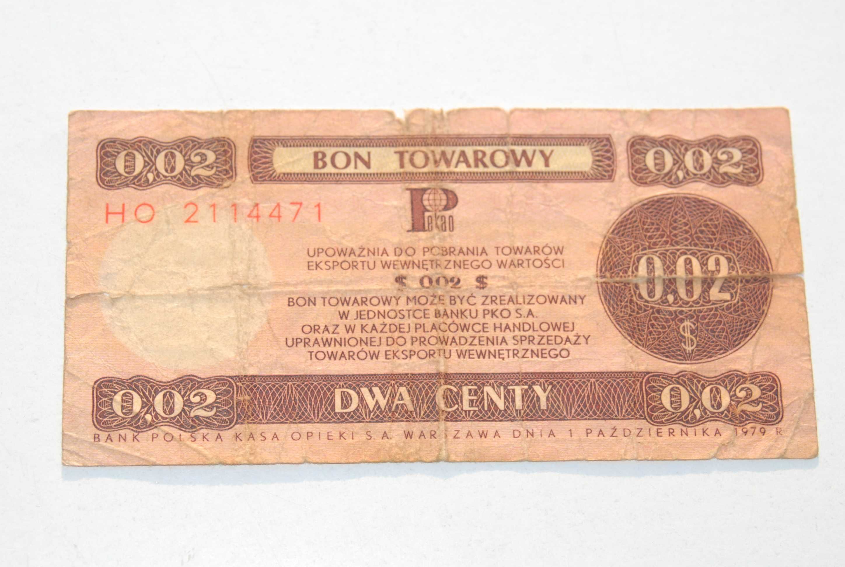Stary Bon Towarowy Pko 2 centy Pewex 1979 antyk