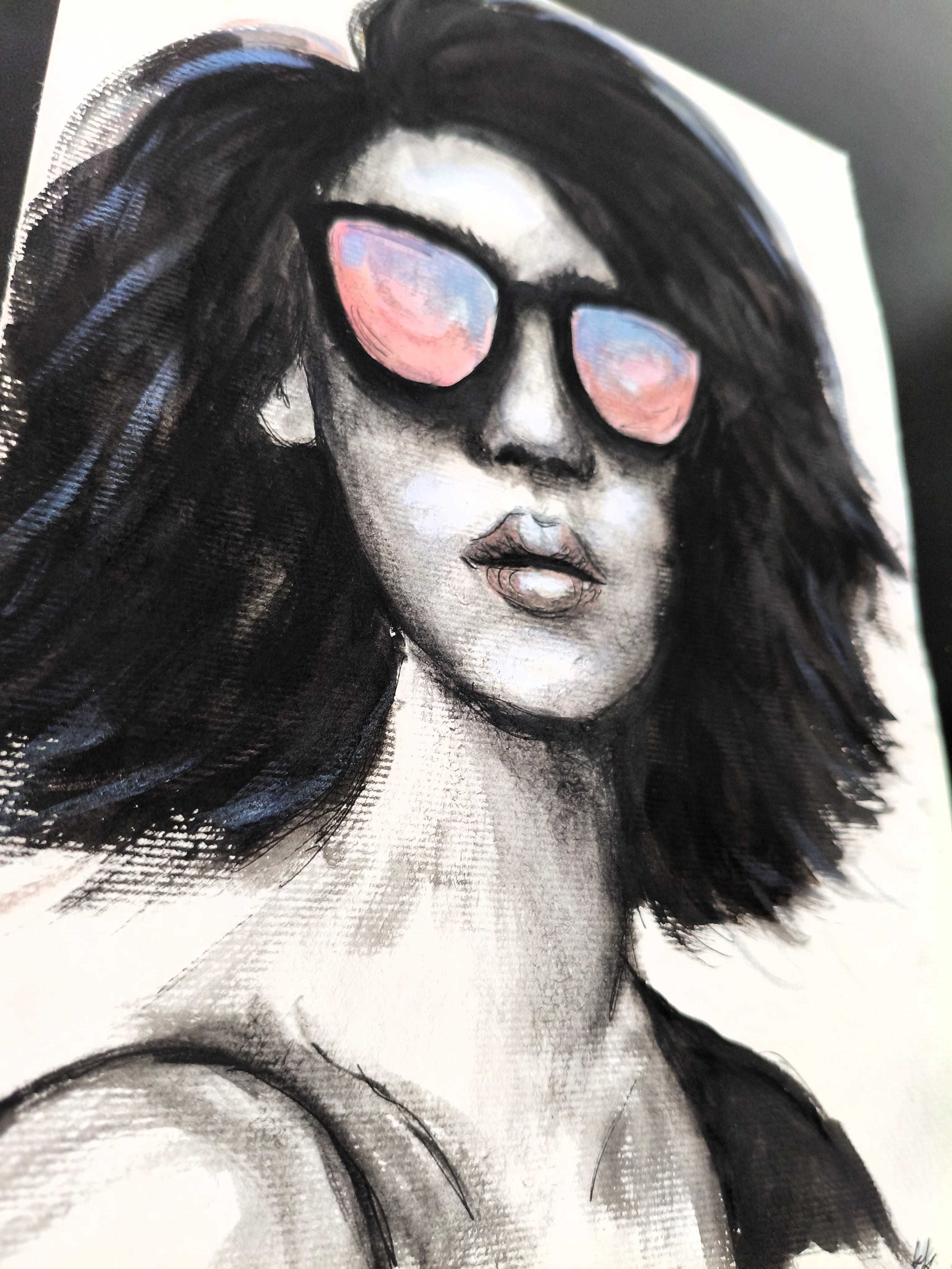 Portret kobieta okulary czarno biały obraz akwarela 21x30 Real One