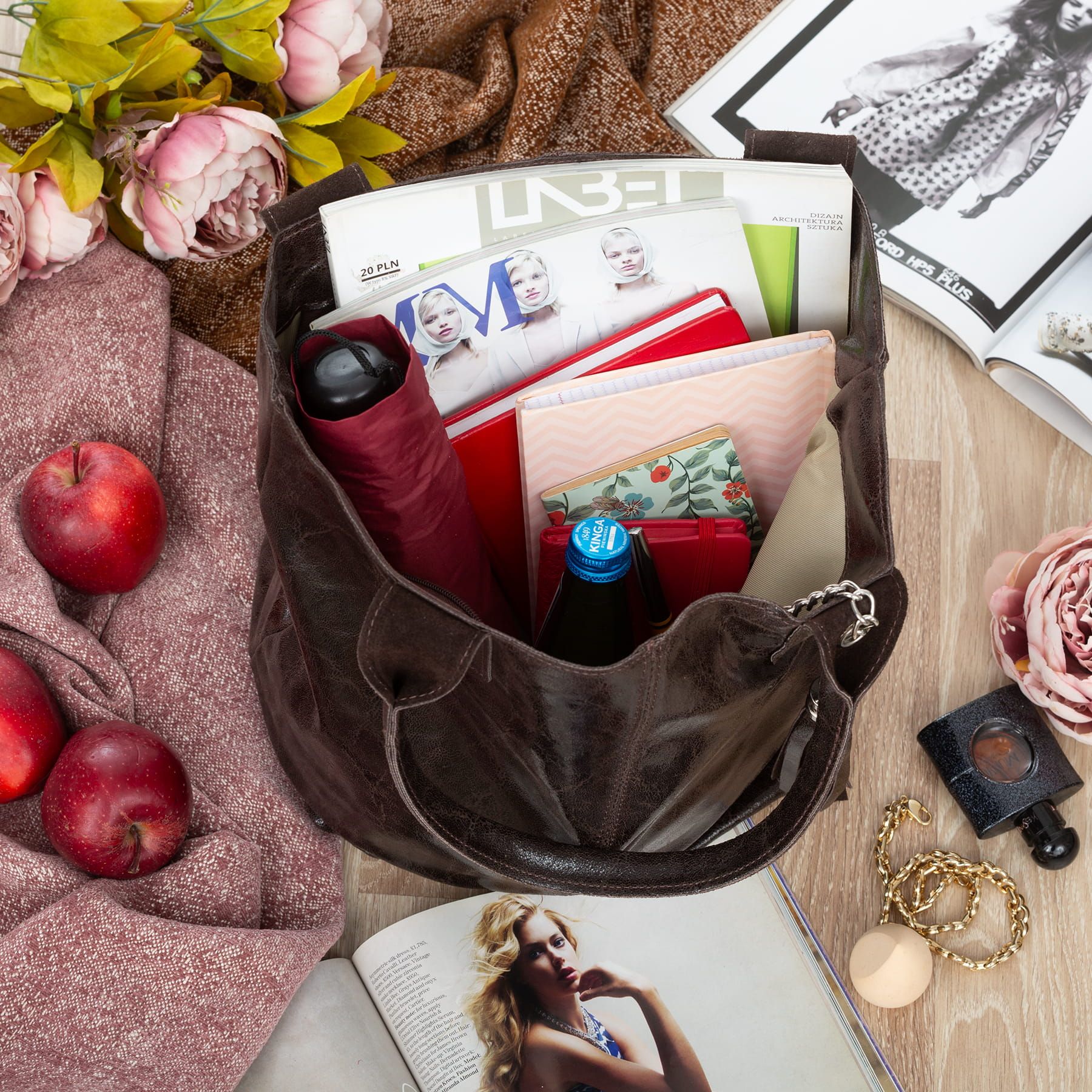 VERA PELLE torebka damska skórzana shopper z saszetką V550 c.brązowa
