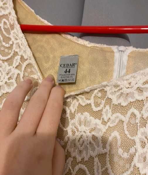 Beżowa koronkowa sukienka do pracy L 40 MIDI elegancka