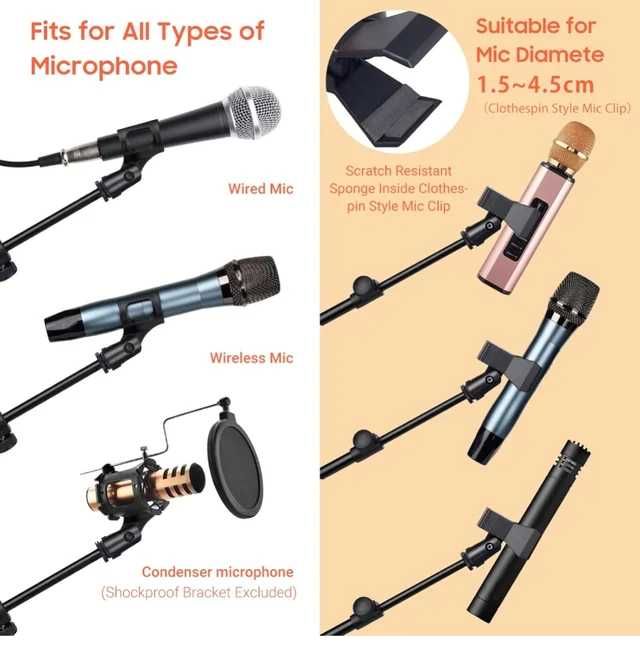 Suporte de microfone + braço + duas pinças