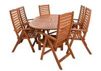 Zestaw mebli ogrodowych drewnianych - szeroki stół, 6 krzeseł, poduchy