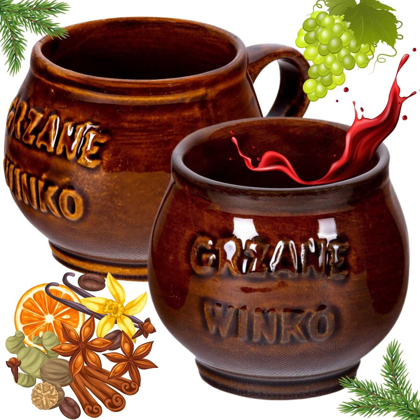 Kubek na wino herbatę grzańca kamionkowy z napisem i uchem 300 ml