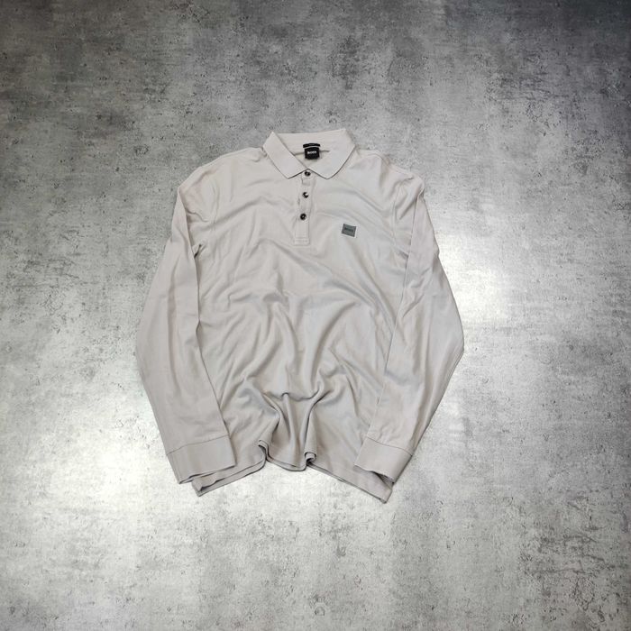 MĘSKA Koszulka Elegancka Długi Rękaw Polo Kremowa Hugo Boss PREMIUM