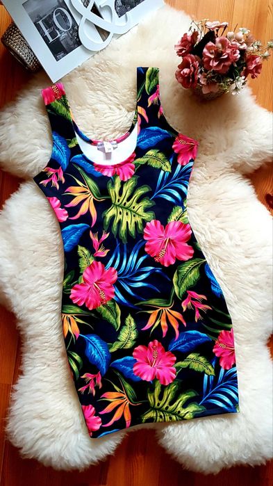 KOLOROWA Sukienka w KWIATY ołówkowa Mini na SZELKACH Xs/S, S/M,  M/L