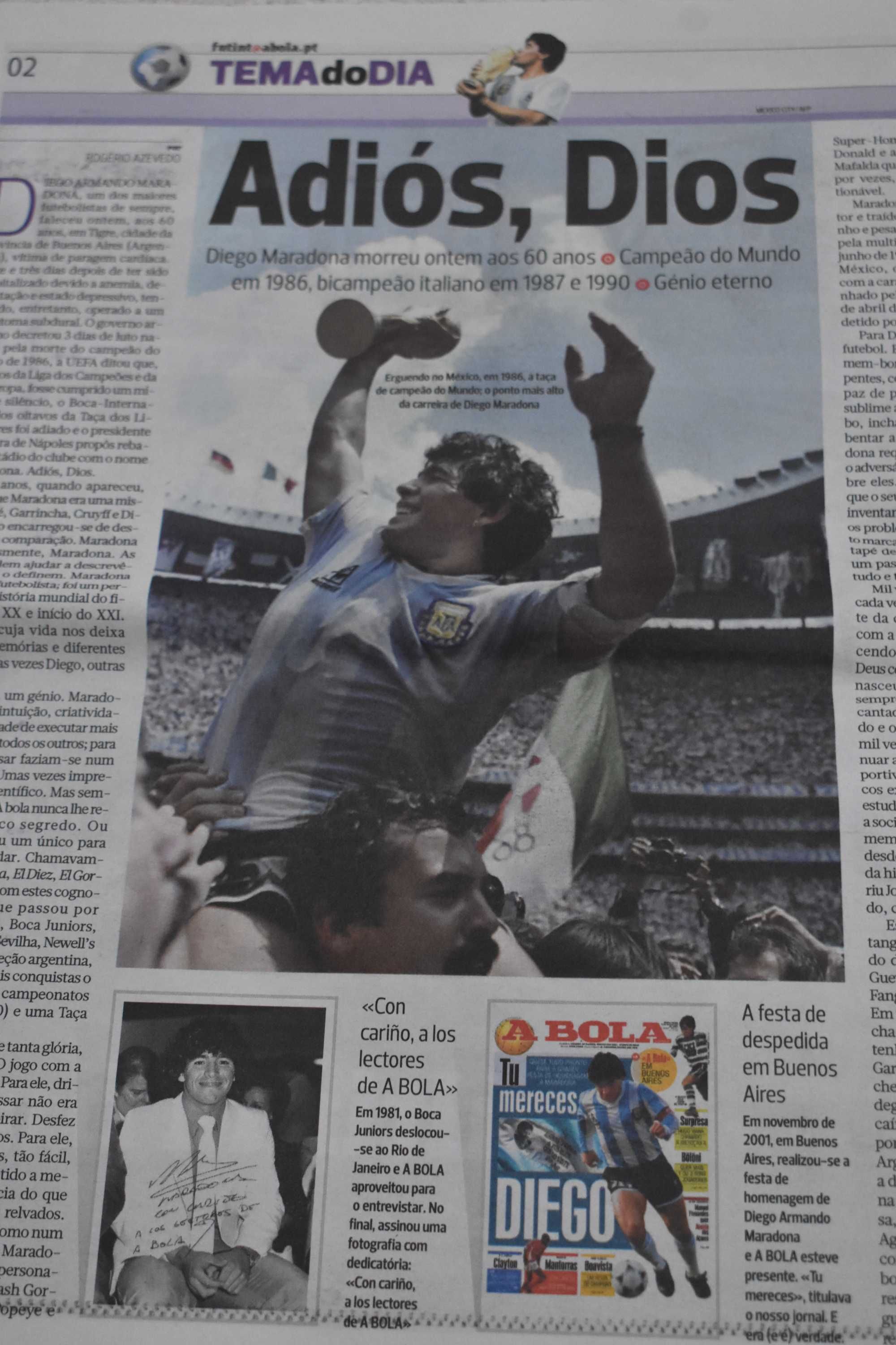 Vendo jornal A Bola 26 Novembro 2020 (falecimento Diego Maradona)