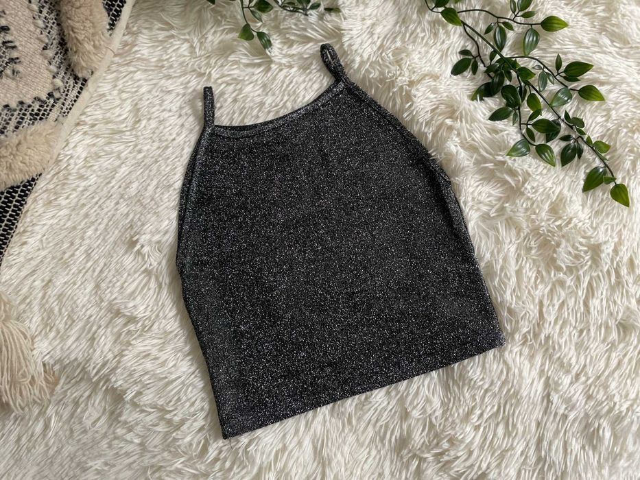 Sinsay crop top srebrny połyskujący halter y2k aesthetic vintage XS 34