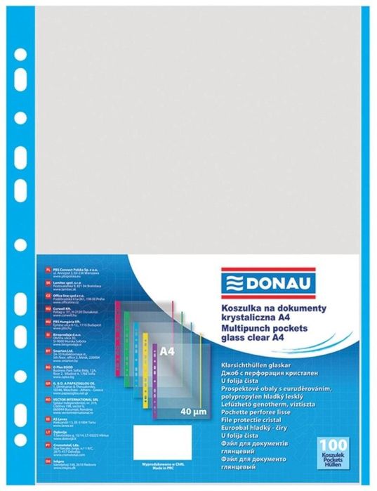 Koszulki PP A4 krystal 40mikr brzeg niebieski 100s Donau folia,249x314