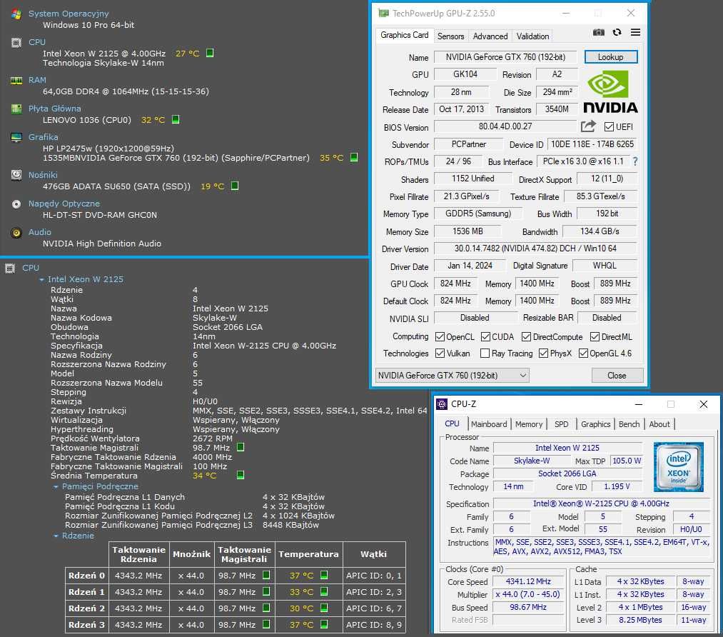 Lenovo ThinkStation P520c W-2125 32GB RAM GTX760