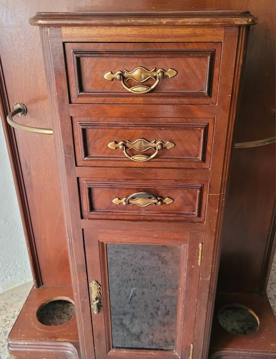 Chapeleira / Bengaleiro Antigo de Madeira com Espelho e Gavetas