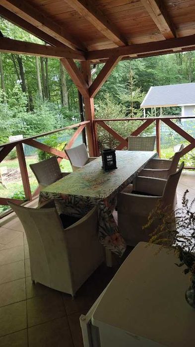 Drewniany domek z kominkiem, ładnym widokiem na jezioro, klima,