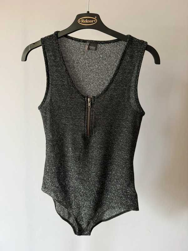Czarne body Sparkle&Fade M – metaliczny połysk, zamek, brokatowy efekt