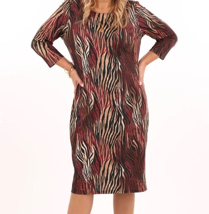 Elegancka sukienka do pracy rozm 50 bordowo beżowa