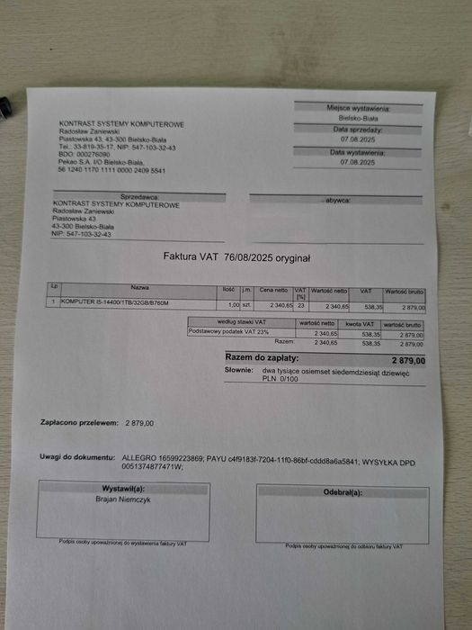 Komputer i5-14400 (4,7GHz) SSD1TB (M.2) 32GB DDR5 WIFI Stacjonarny
