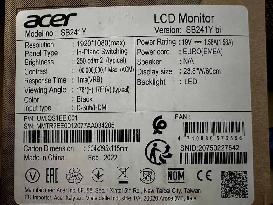 Monitor Acer SB241Y 24 cale
