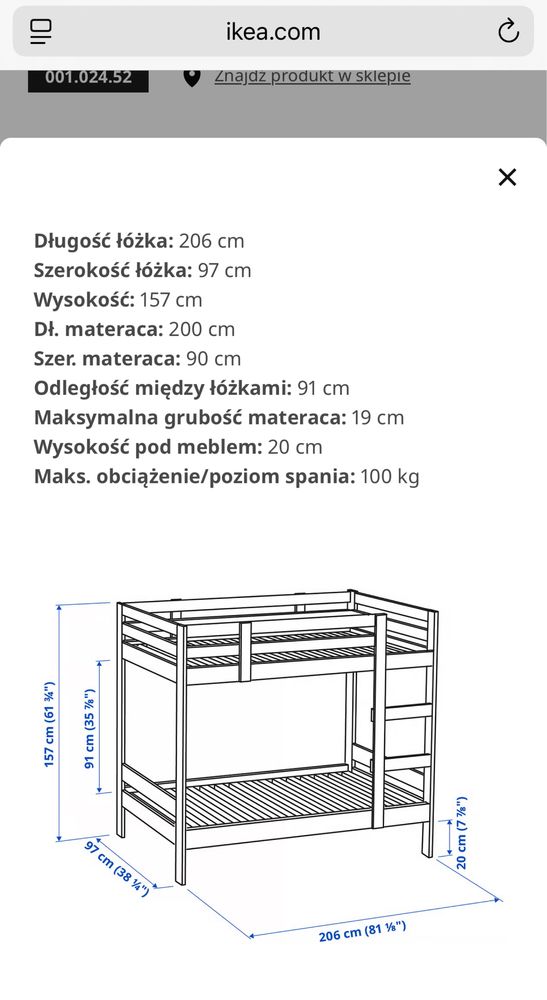 Łózko pietrowe ikea MYDAL