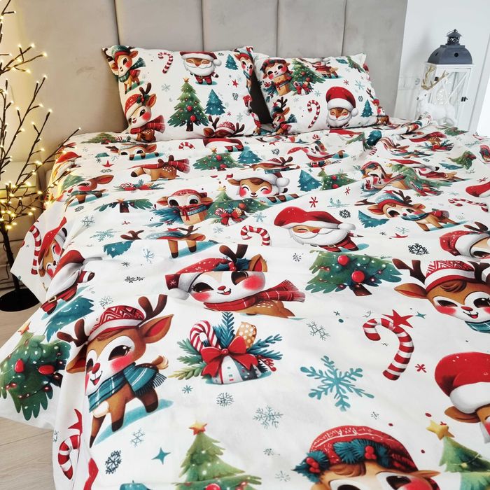 Тепла Новорічна постільна білизна з фланелі. Санта, оленята