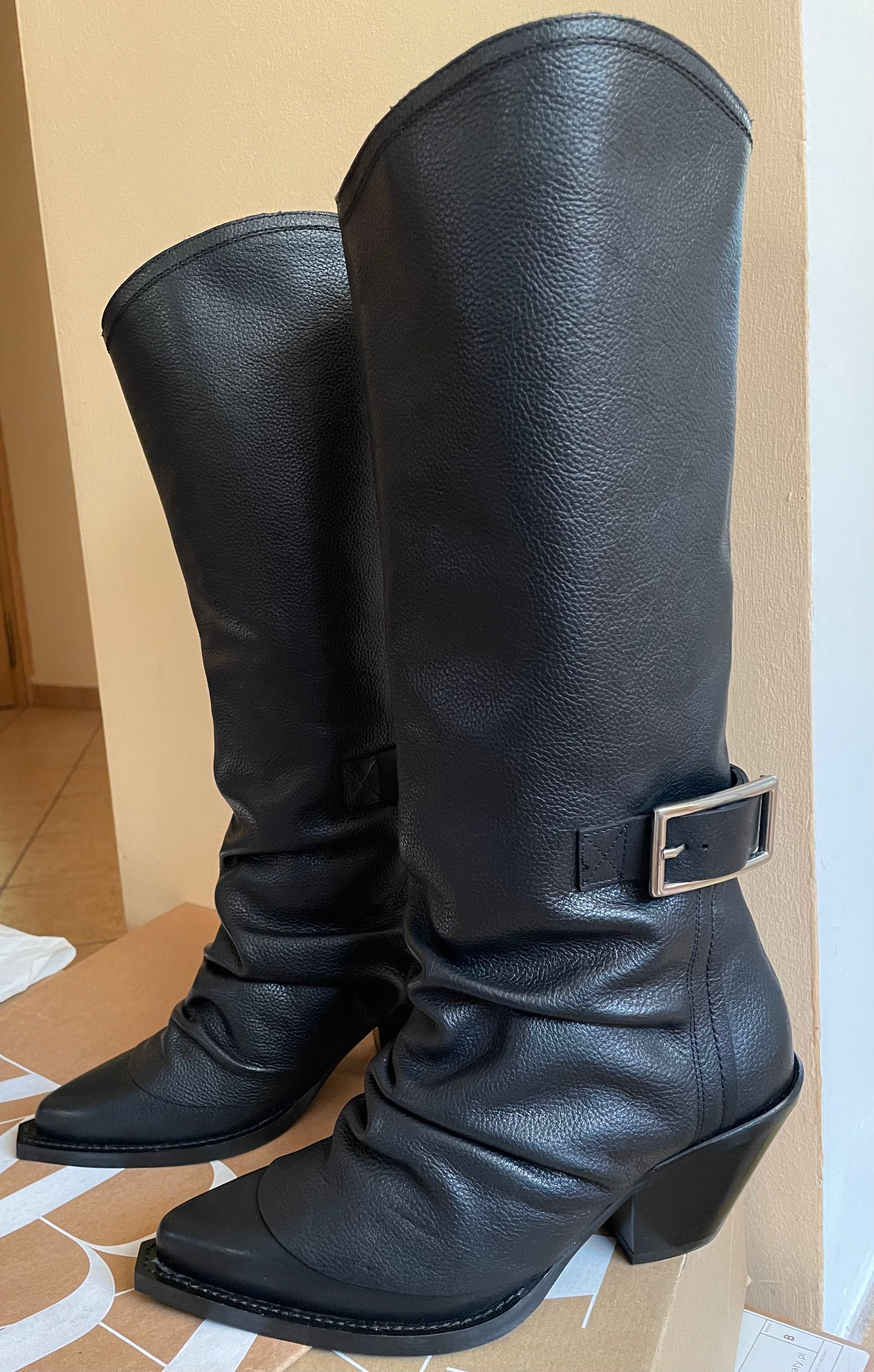 ZARA SRPLS Kozaki slouchy 100% skóra r. 38
