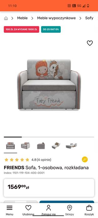 Sofa jednoosobowa rozkładana, stan jak nowy