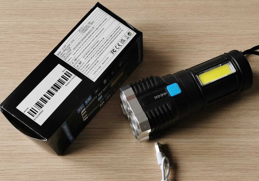 Latarka 4xLED USB wielofunkcyjna COB 10W na akumulator ładowana - nowa