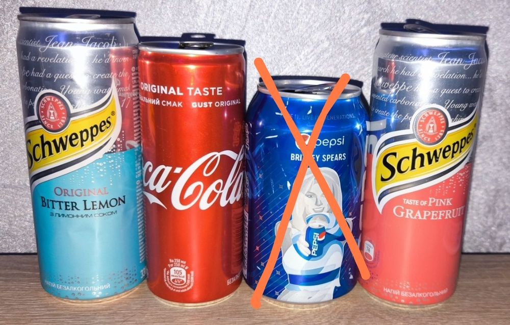 Баночки Schweppes, Pepsi и Coca Cola