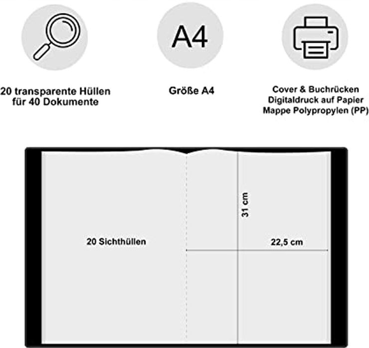 teczka na certyfikaty minilino, 20 przezroczystych kieszeni premium a4