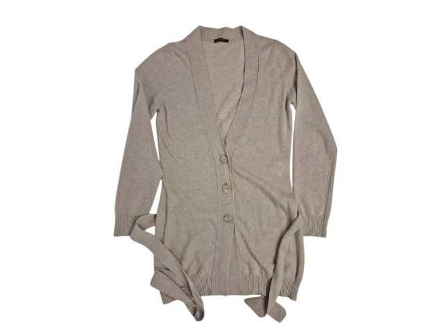 Kardigan Sisley beżowy S wełna długi zapinany z paskiem