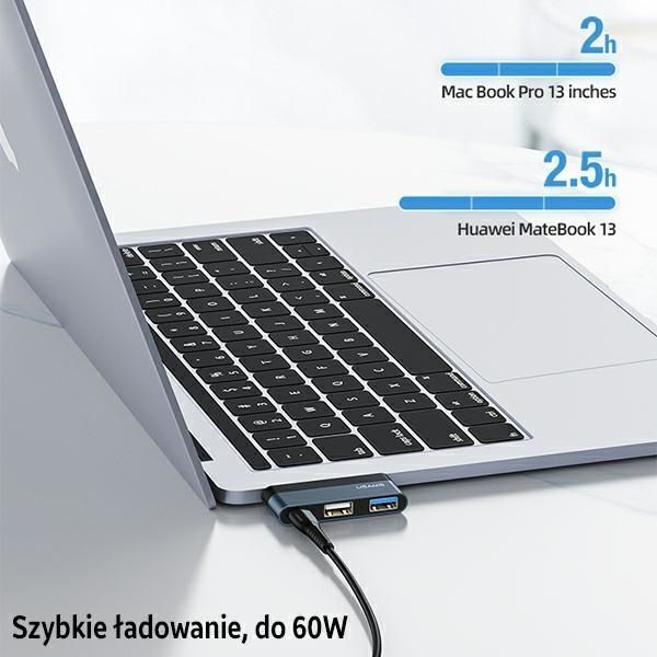 USAMS Adapter Hub USB-C - USB 3.0/USB 2.0, Szary, Ładowanie 60W