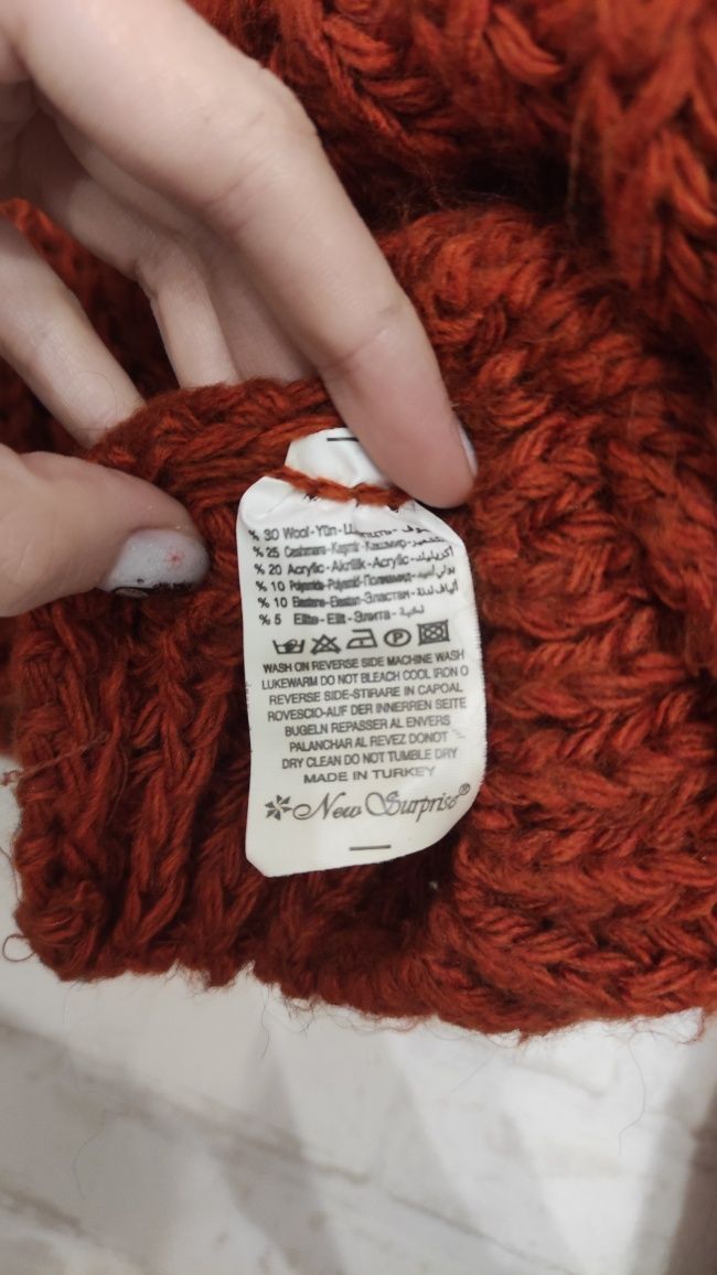 Теплый свитер, рыжый, крупная вязка, укороченный